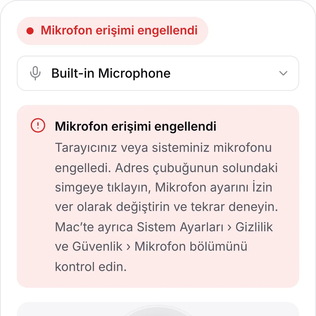 Telefonda kırmızı “Mikrofon erişimi engellendi” mesajını gösteren mikrofon testi