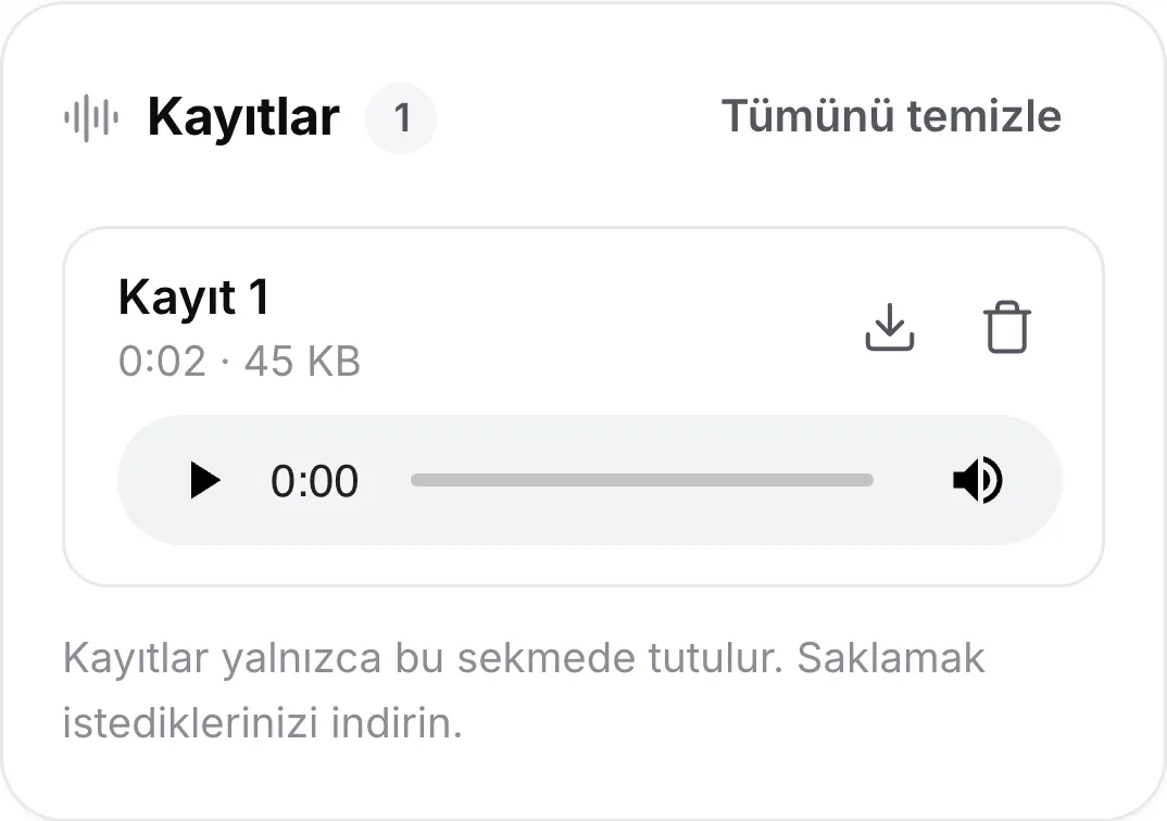 Telefonda süresi görünen bir kayıt, bir oynatıcı ile indirme ve silme düğmeleri