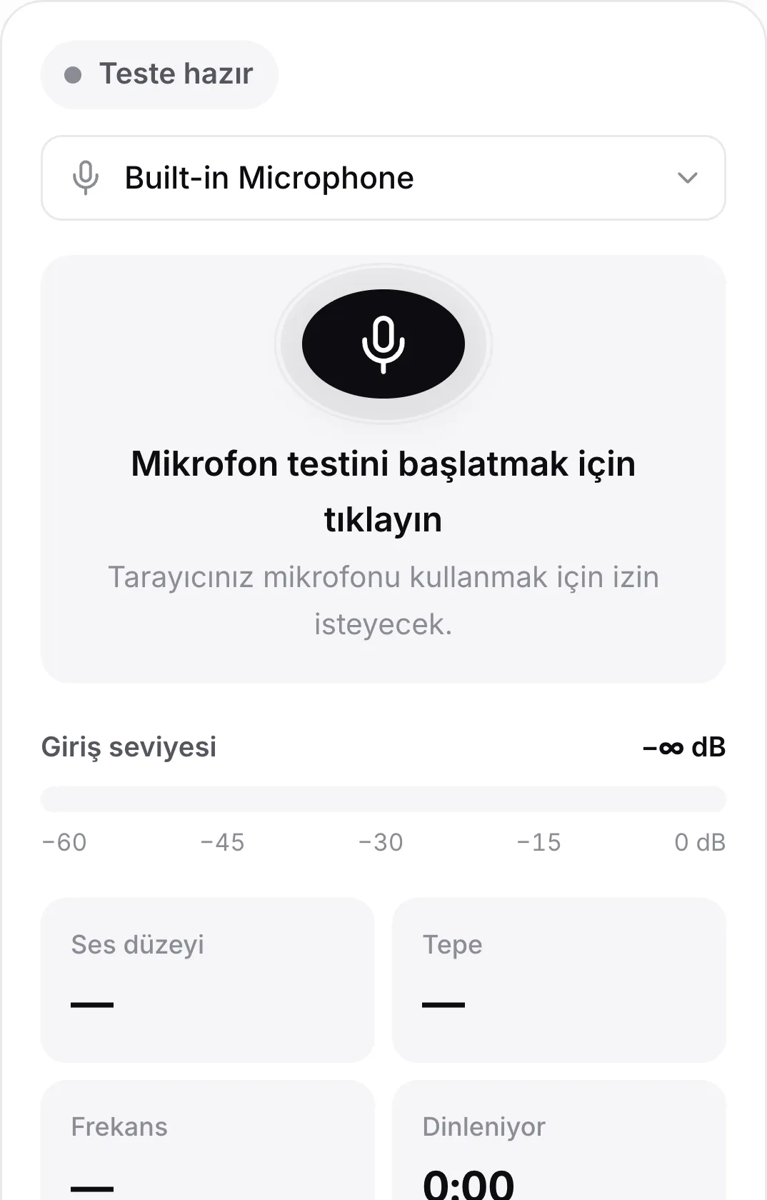 Başlamadan önce telefonda mikrofon testi; büyük mikrofon düğmesi görünüyor