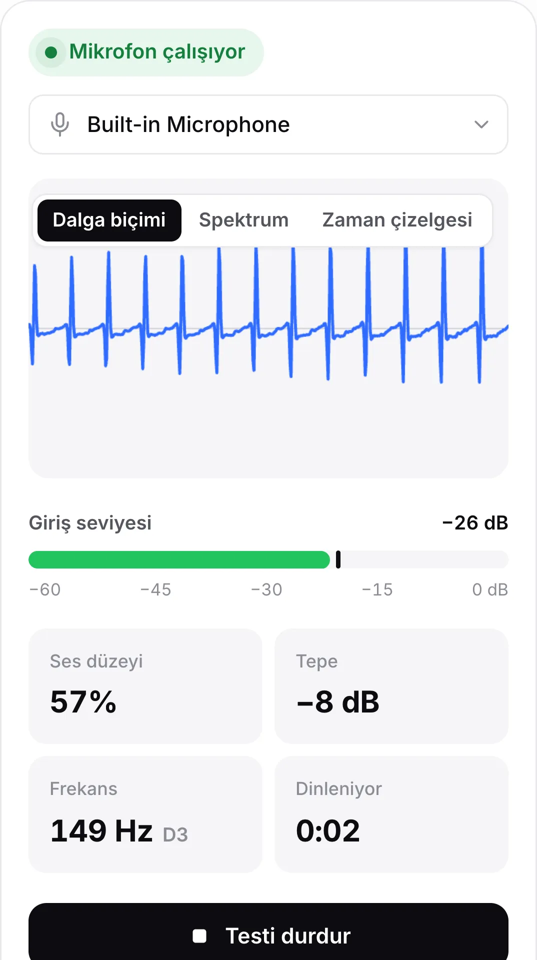 Telefonda hareket eden dalga biçimi, −25 dB giriş seviyesi ve yeşil “Mikrofon çalışıyor” durumu olan mikrofon testi