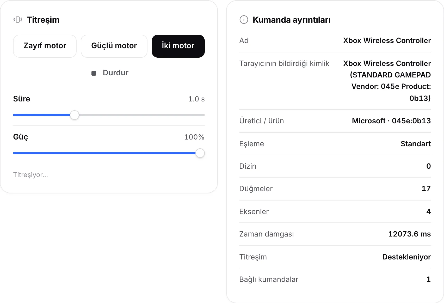 Yanında adı, kimliği, üreticiyi ve eşlemeyi gösteren Kumanda ayrıntıları paneli olan, motor düğmeleri ve kaydırıcıları bulunan Titreşim paneli