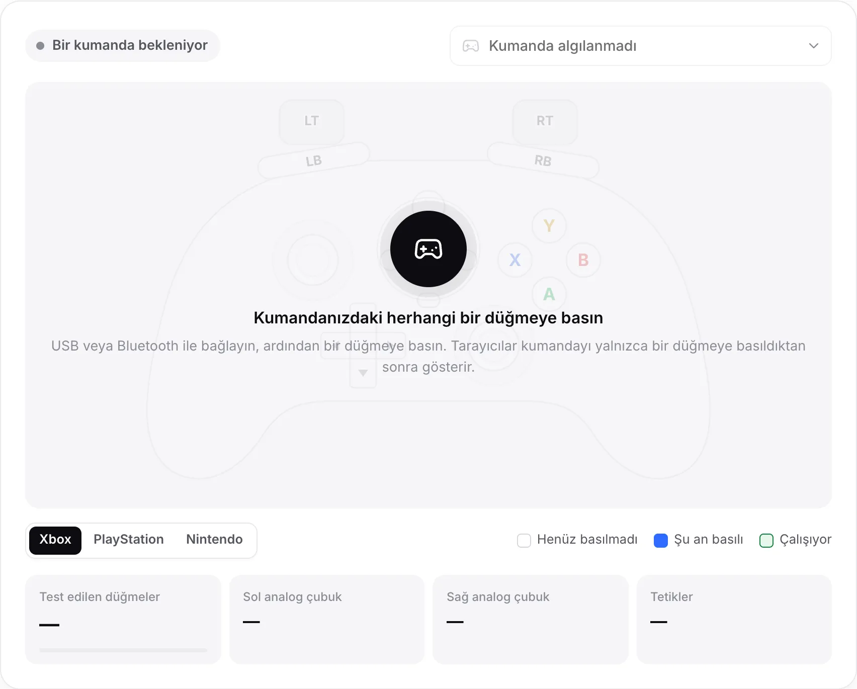 “Kumandanızdaki herhangi bir düğmeye basın” mesajıyla bir kumanda bekleyen oyun kolu testi