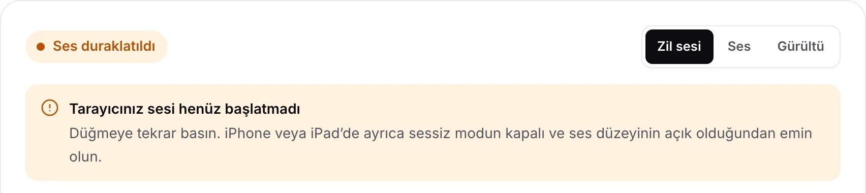 Turuncu “Ses duraklatıldı” durumunu ve “Tarayıcınız sesi henüz başlatmadı” bildirimini gösteren kulaklık testi
