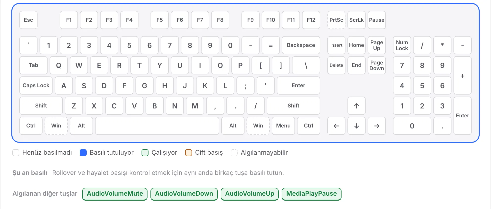 F satırı hâlâ beyazken AudioVolumeMute, AudioVolumeDown, AudioVolumeUp ve MediaPlayPause Algılanan diğer tuşlar altında listeleniyor