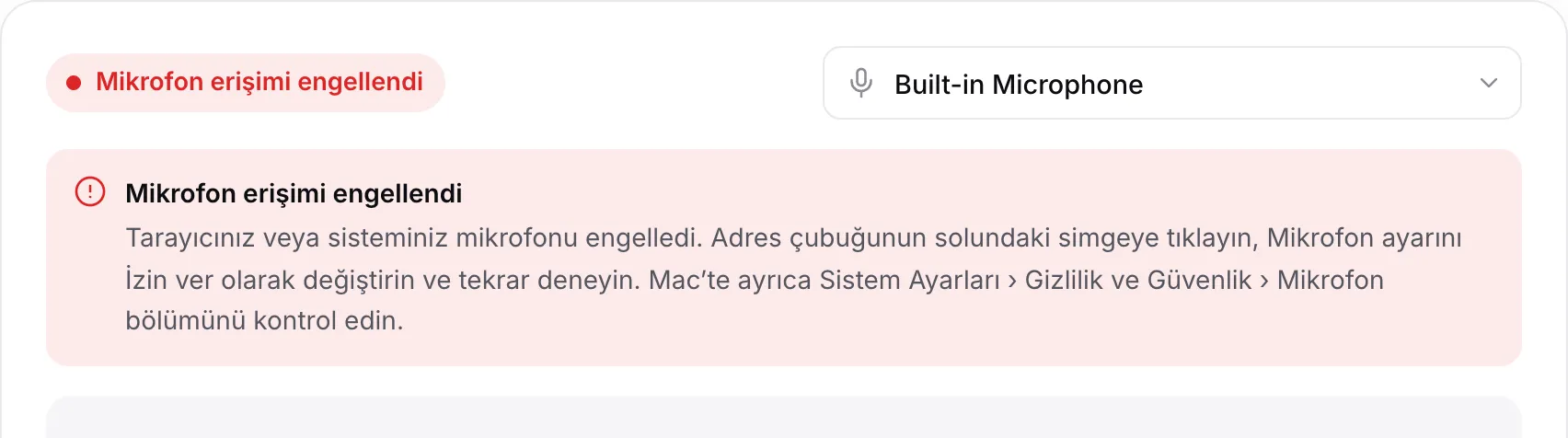 Yönergelerle birlikte kırmızı “Mikrofon erişimi engellendi” mesajını gösteren mikrofon testi