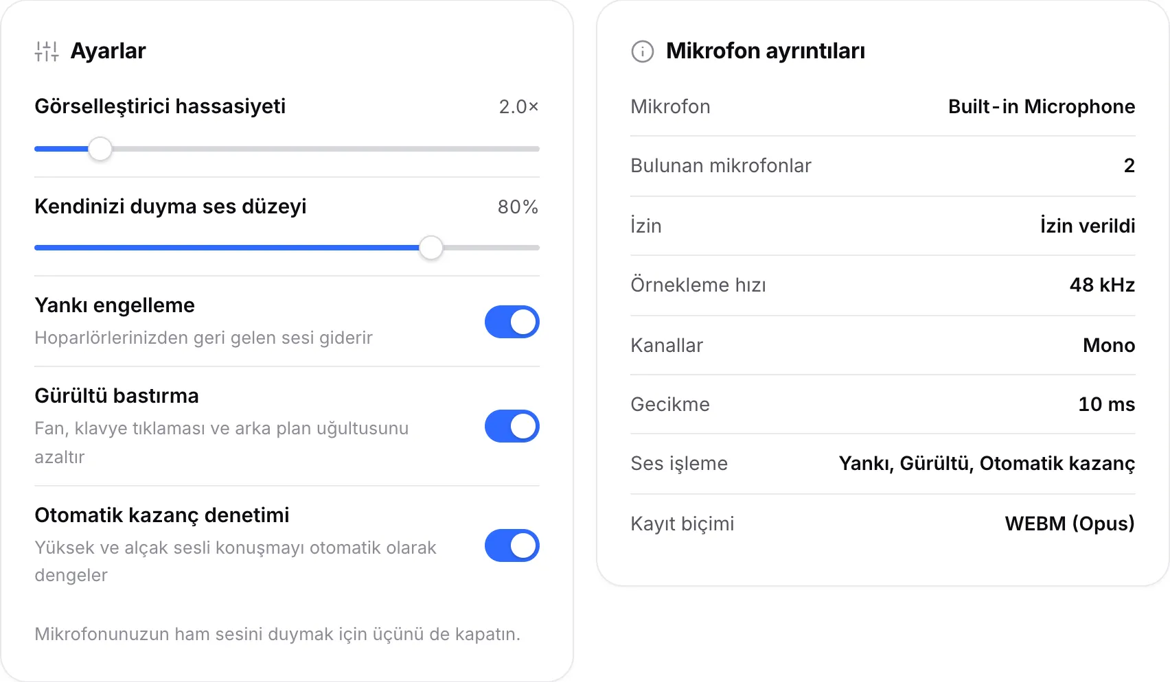 Ses işleme anahtarlarının olduğu Ayarlar paneli ve yanında Mikrofon ayrıntıları paneli