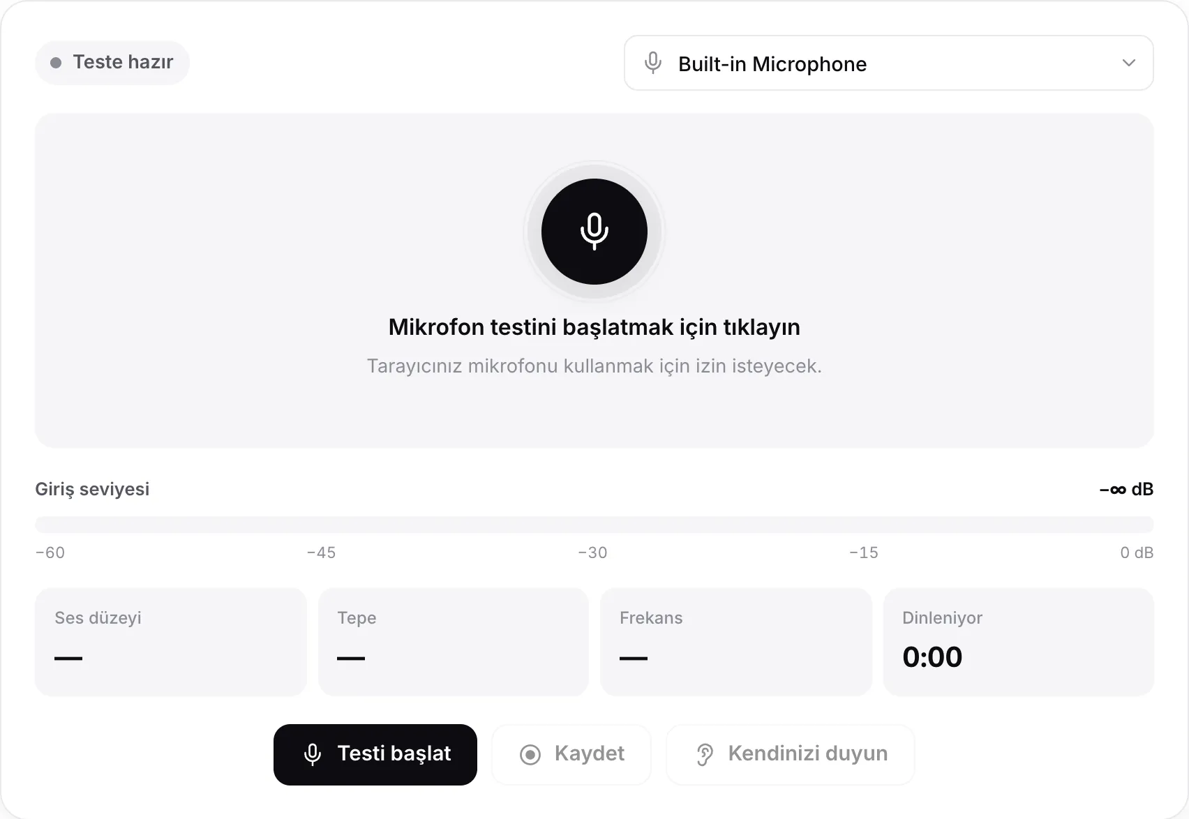 Başlamadan önceki mikrofon testi; Testi başlat düğmesi ve mikrofon menüsü görünüyor