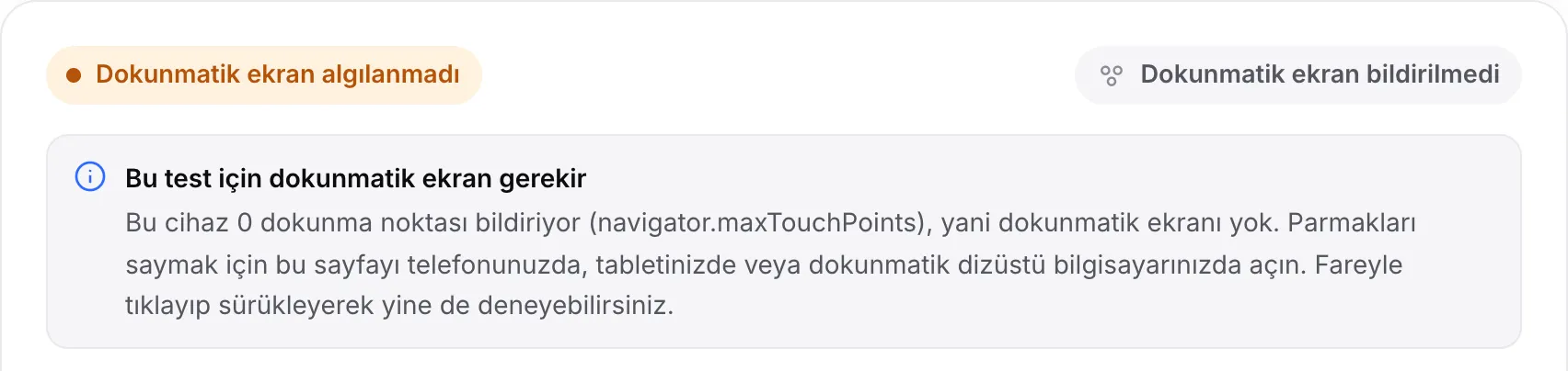 Bilgisayarda çoklu dokunma testi: turuncu “Dokunmatik ekran algılanmadı” durumu ve “Bu test için dokunmatik ekran gerekir” bildirimi
