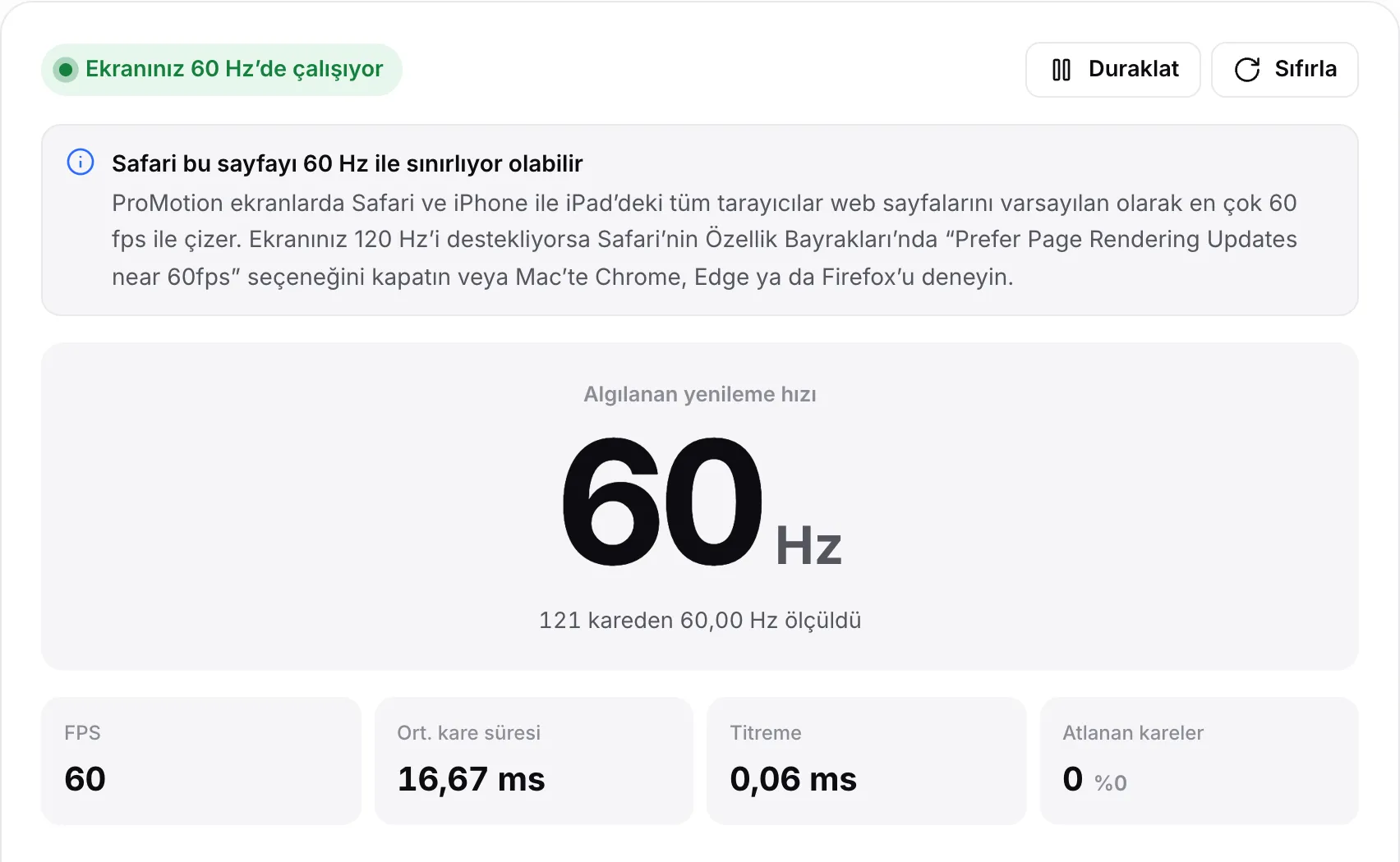 60 Hz sonucunun üstünde “Safari bu sayfayı 60 Hz ile sınırlıyor olabilir” notu