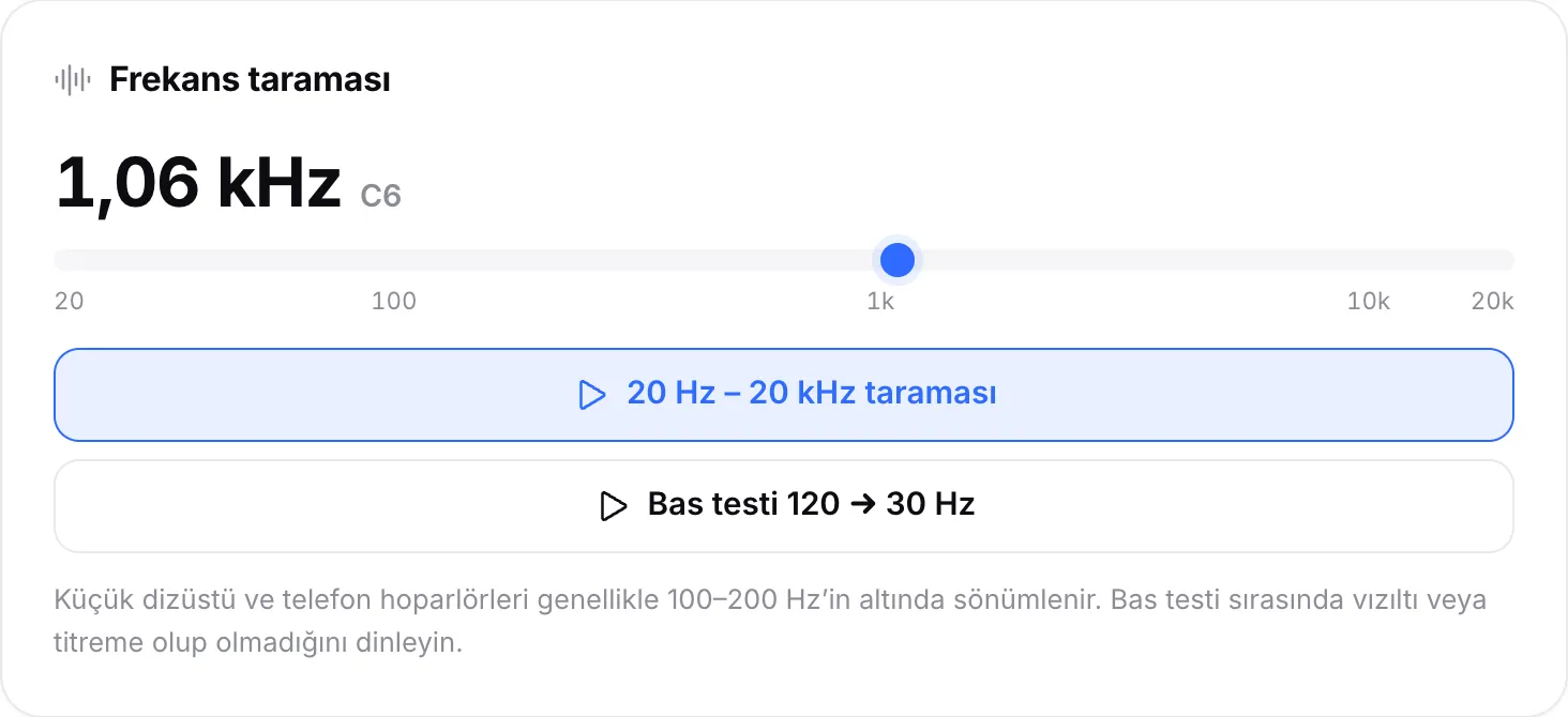 1,06 kHz’de (Do6 notası) çalan frekans taraması; işaretçisi ölçekte 1k’nın hemen ötesinde