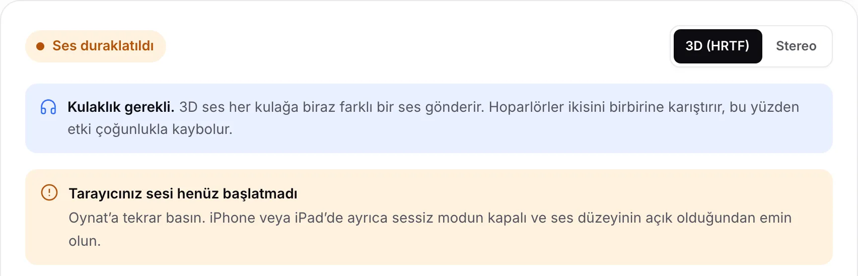 Turuncu “Ses duraklatıldı” durumunu ve “Tarayıcınız sesi henüz başlatmadı” bildirimini gösteren 3D ses testi