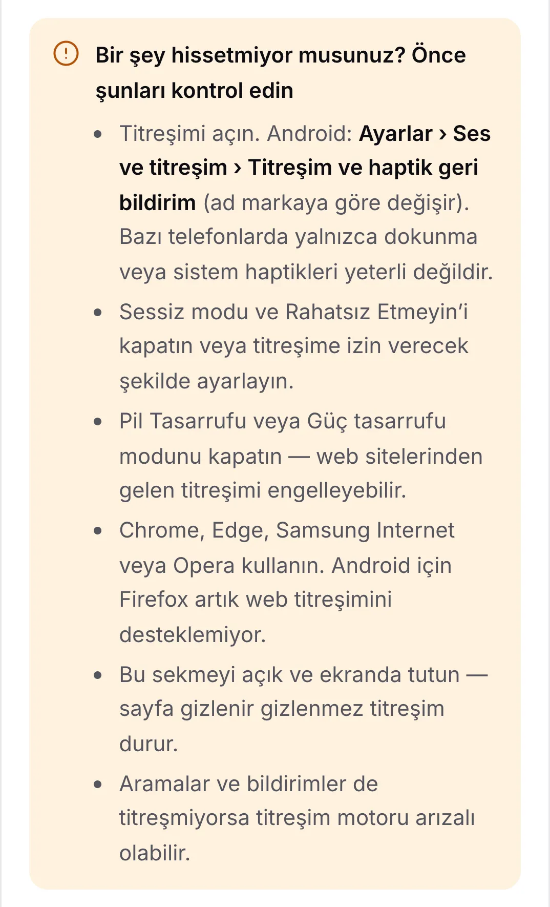 Android ayarlarında titreşimi açmakla başlayan altı ipucu içeren “Bir şey hissetmiyor musunuz? Önce şunları kontrol edin” listesi