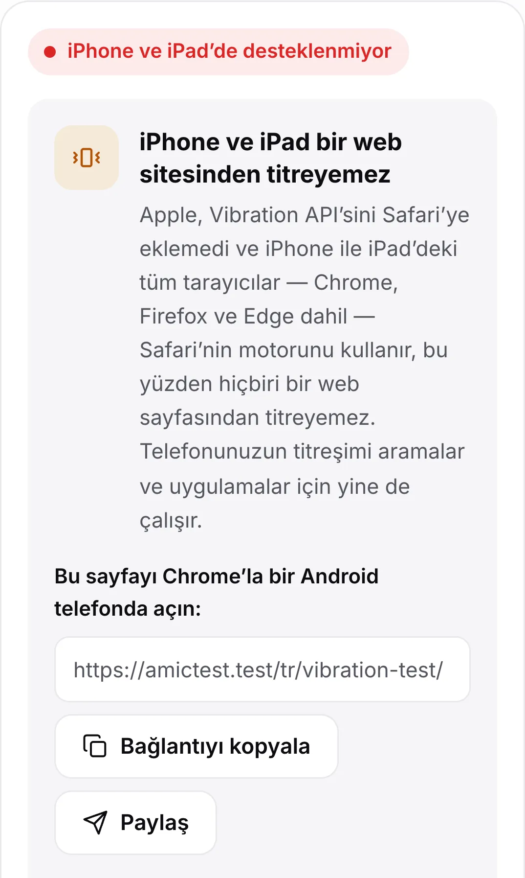 iPhone’da titreşim testi: kırmızı “iPhone ve iPad’de desteklenmiyor” durumu, bir açıklama ve sayfayı bir Android telefonda açmak için bağlantı