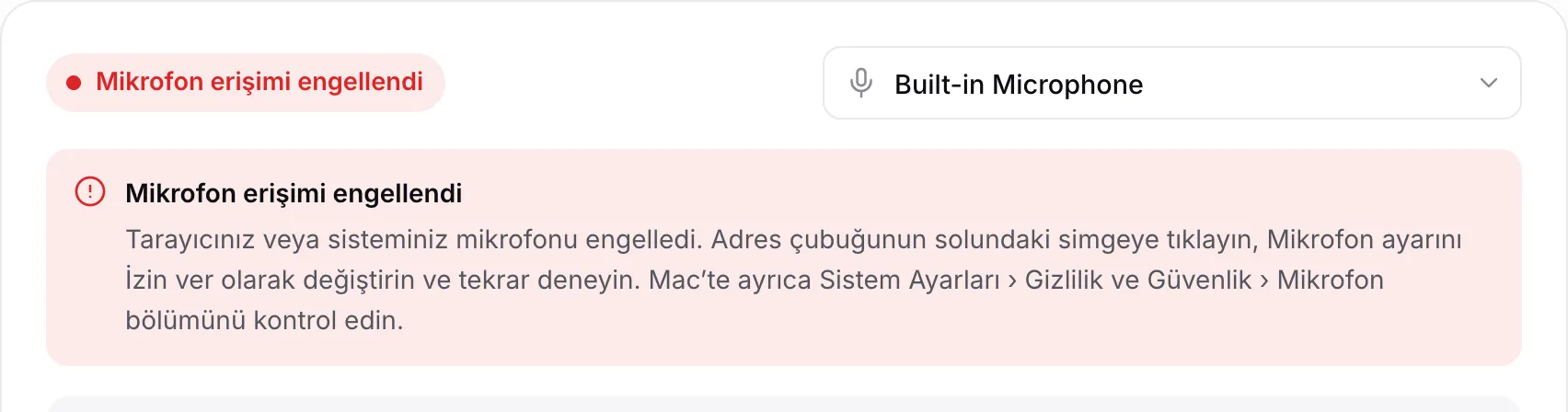 Yönergelerle birlikte kırmızı “Mikrofon erişimi engellendi” mesajını gösteren akord aleti