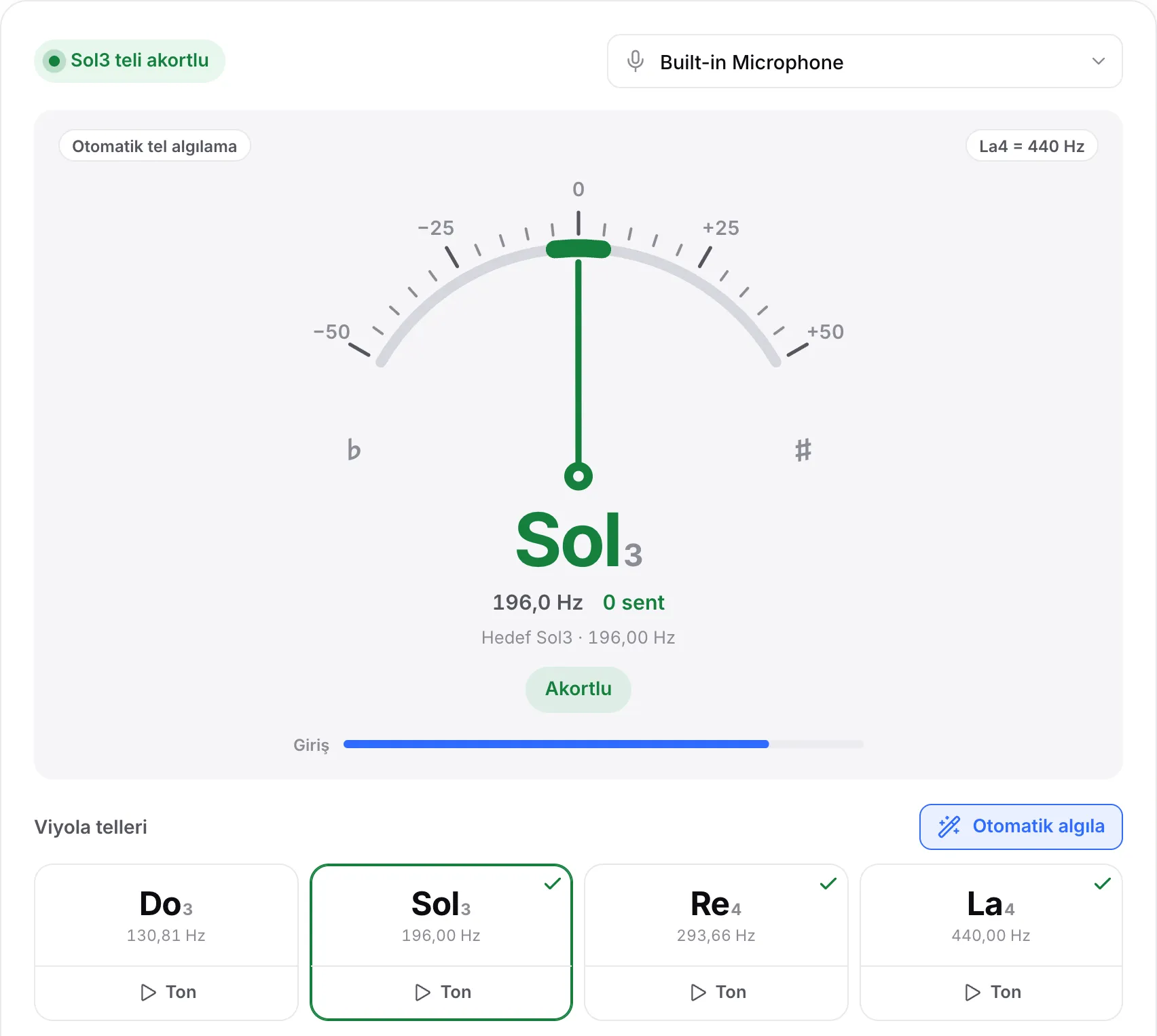 Akortlu Sol teli: 0 sentte yeşil ibre, “Sol3 teli akortlu” durumu ve Sol, Re ve La tellerinde onay işaretleri