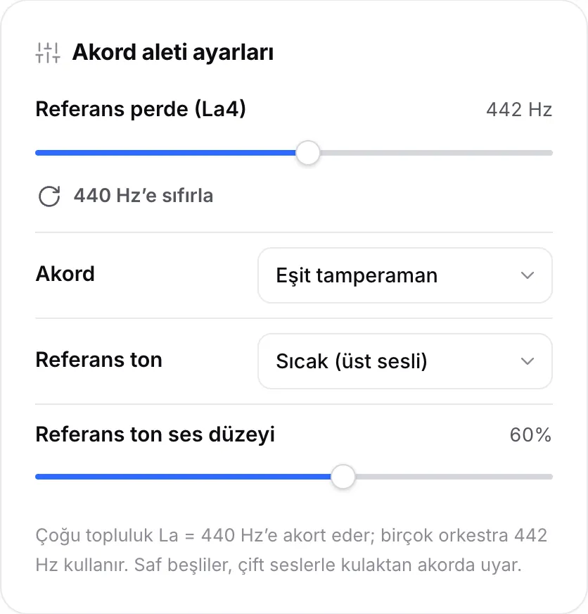 Referans perde (La4) kaydırıcısı 442 Hz’e ayarlanmış, akord menüsü ve referans ton seçenekleriyle akord aleti ayarları