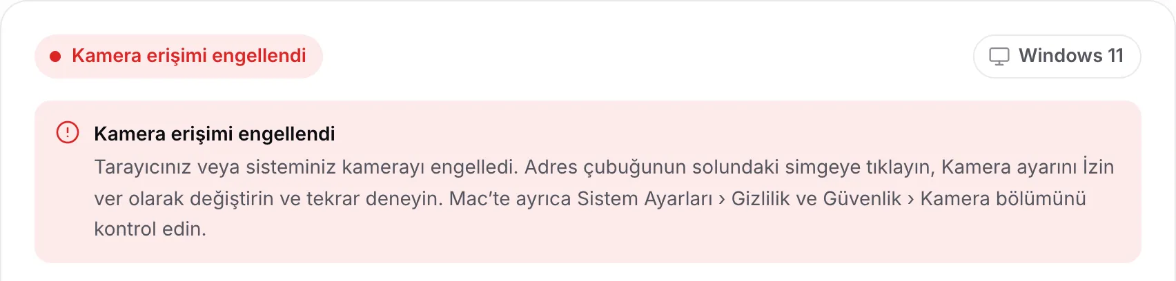 Yönergelerle birlikte kırmızı “Kamera erişimi engellendi” mesajını gösteren web kamerası sürücü bulucu