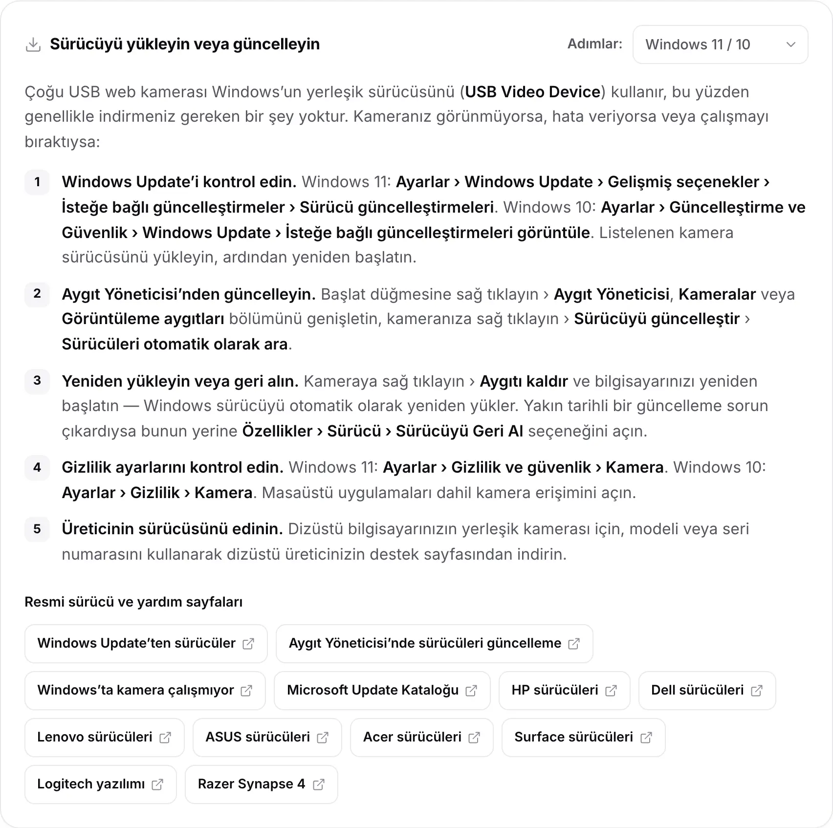 Windows 11 / 10 adımları ile resmi sürücü ve yardım sayfalarına bağlantıların bulunduğu Sürücüyü yükleyin veya güncelleyin kartı