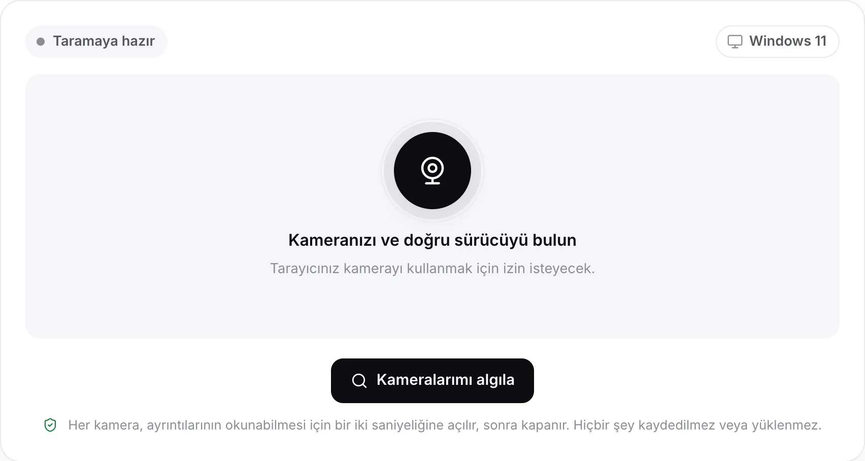 Taramadan önceki web kamerası sürücü bulucu; Kameralarımı algıla düğmesi ve algılanan sistem, Windows 11 görünüyor