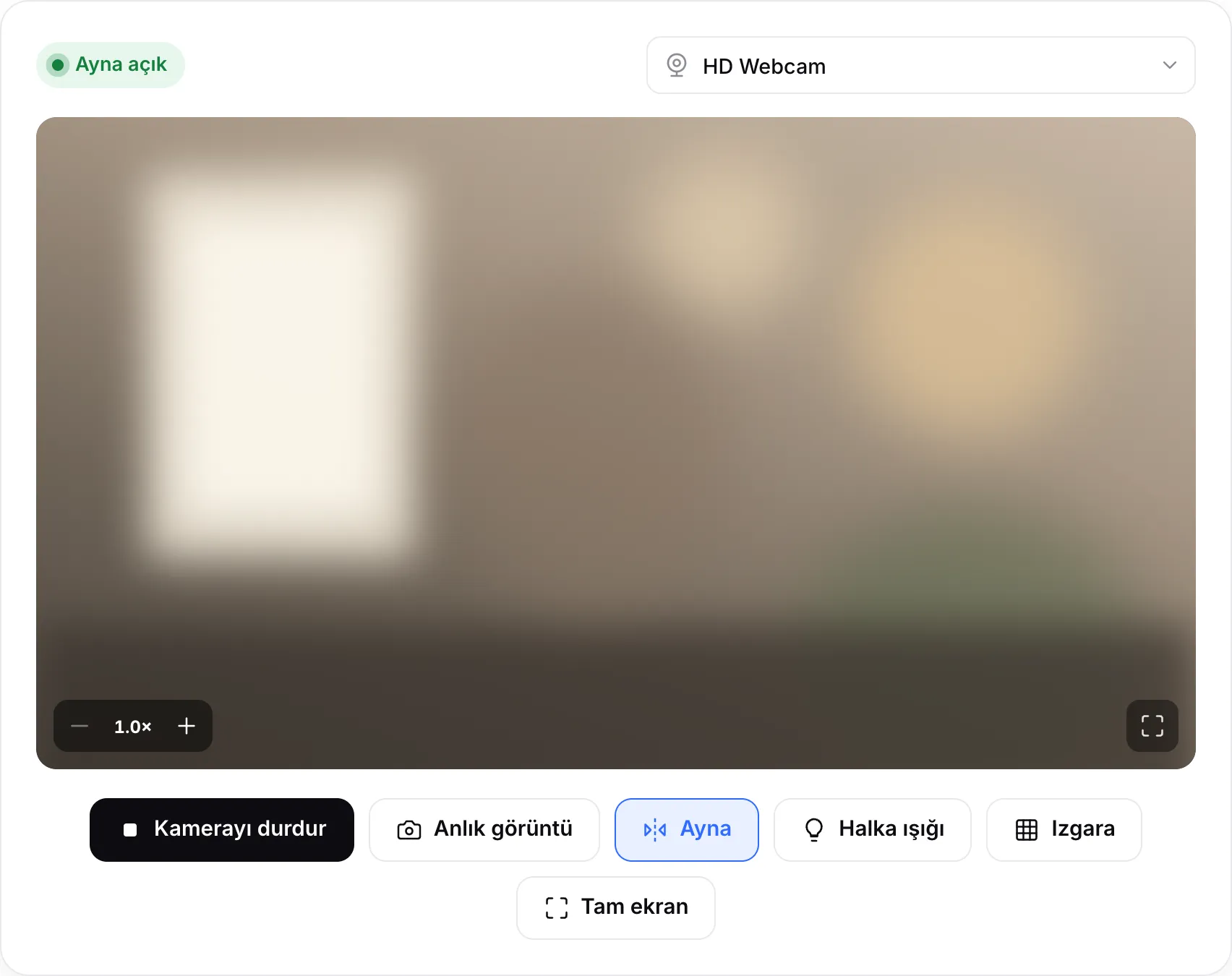 Çalışan web kamerası aynası; “Ayna açık” durumu, görüntünün üzerinde yakınlaştırma düğmeleri ve Halka ışığı düğmesi görünüyor