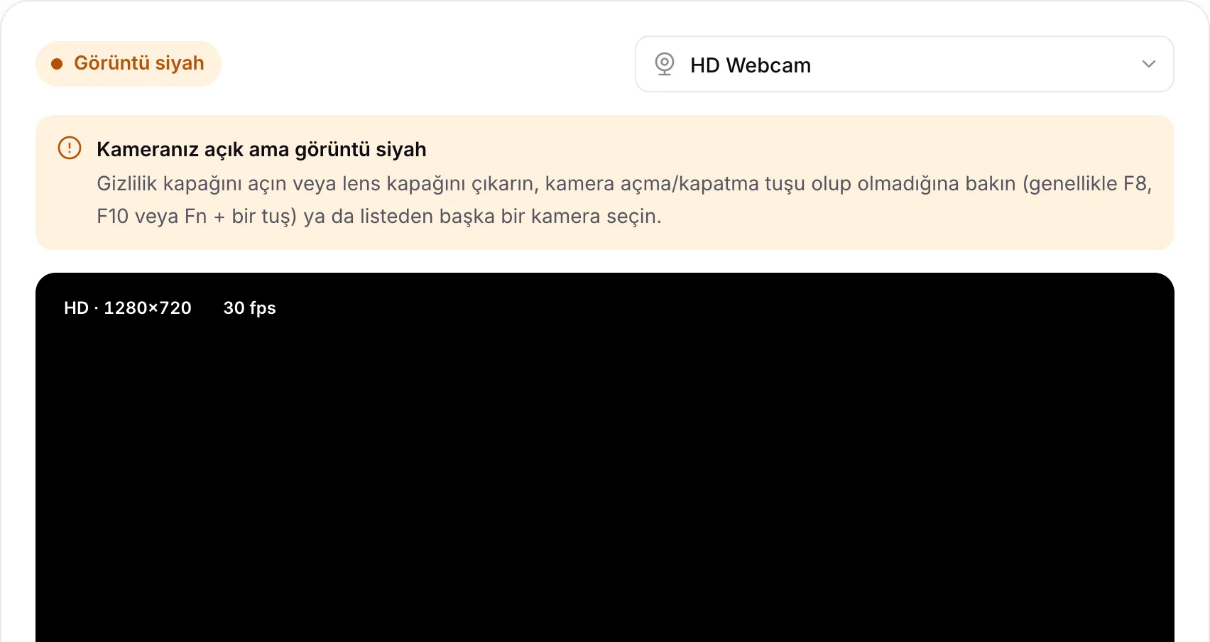 Siyah bir görüntünün üstünde “Kameranız açık ama görüntü siyah” uyarısını gösteren web kamerası testi
