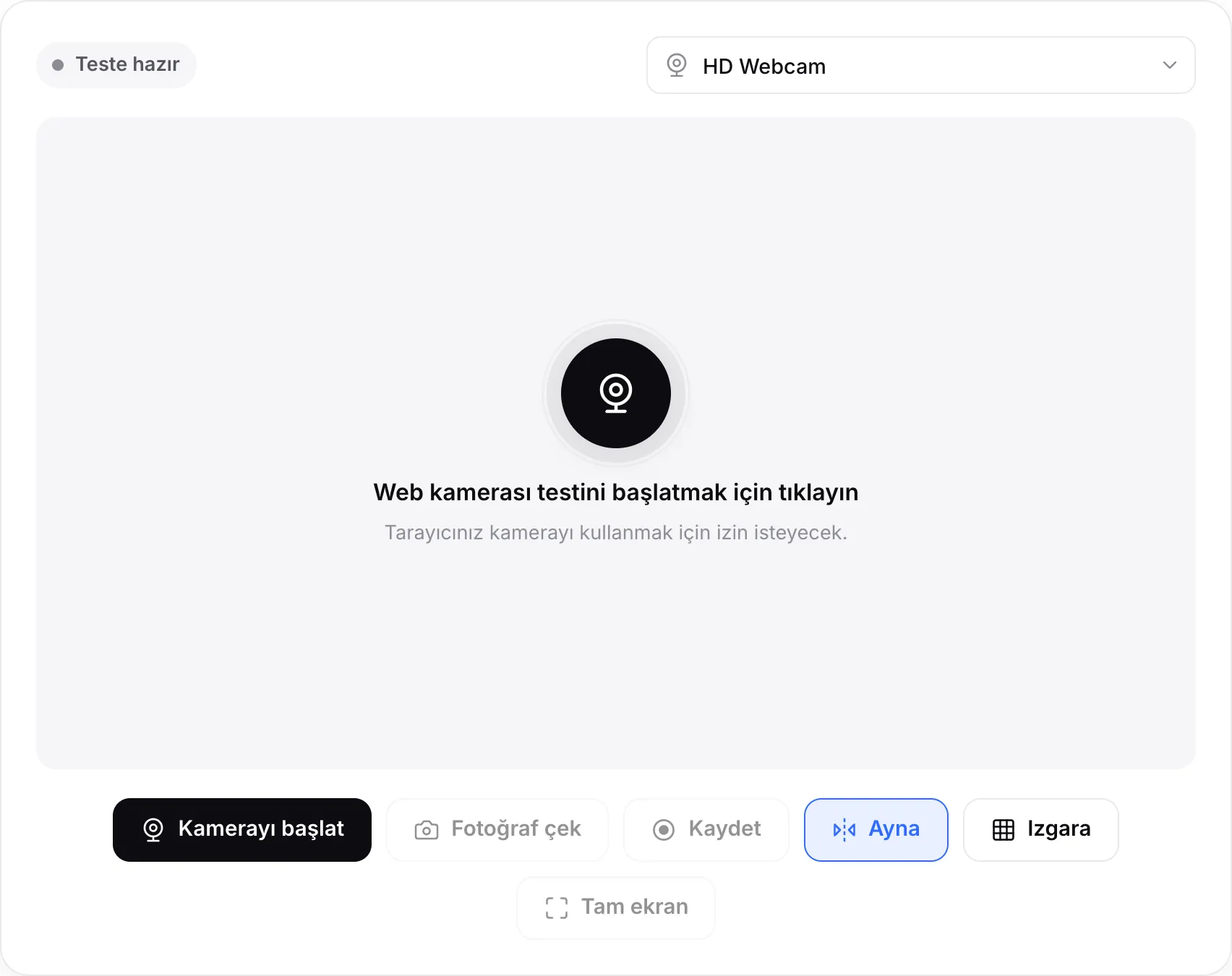 Başlamadan önceki web kamerası testi; Kamerayı başlat düğmesi ve kamera menüsü görünüyor