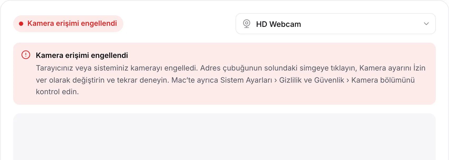 Yönergelerle birlikte kırmızı “Kamera erişimi engellendi” mesajını gösteren web kamerası görüntüleyici