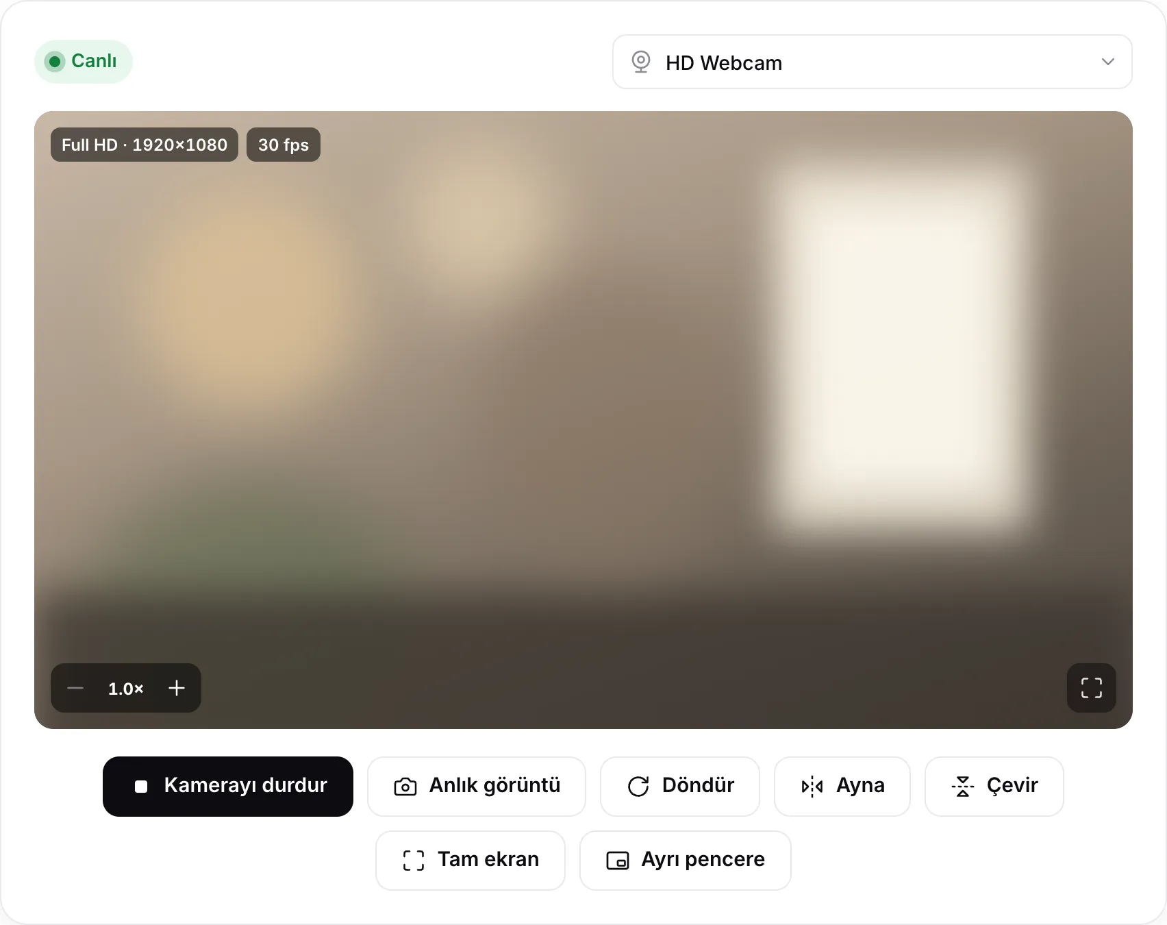30 fps’de canlı Full HD 1920×1080 görüntüyü, Döndür, Ayna, Çevir ve Ayrı pencere düğmeleriyle gösteren web kamerası görüntüleyici