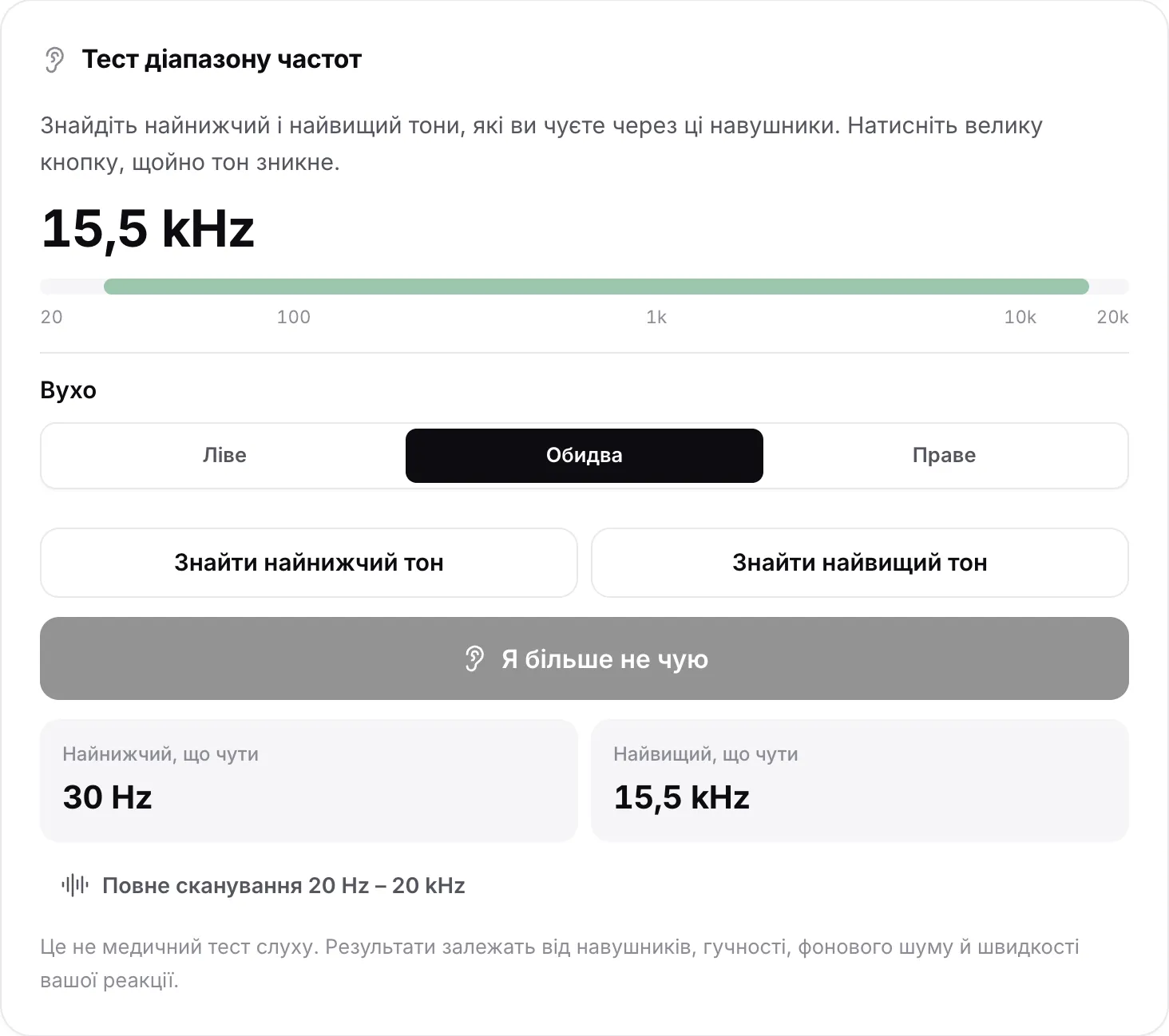 Тест діапазону частот з результатами: найнижчий тон 30 Hz, найвищий 15,6 kHz, показано зеленою смугою на шкалі