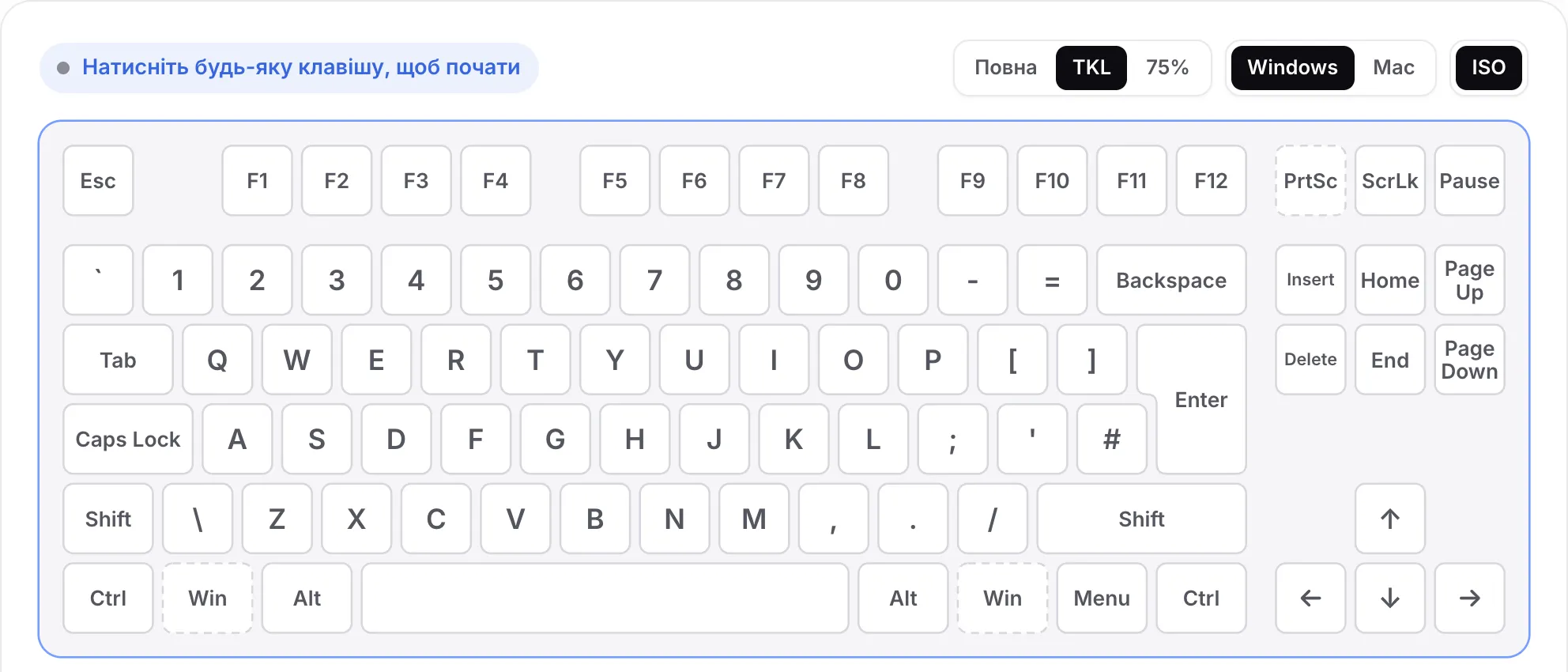 Розкладка TKL з увімкненим ISO: висока клавіша Enter і додаткова клавіша поруч із лівим Shift, без цифрової панелі