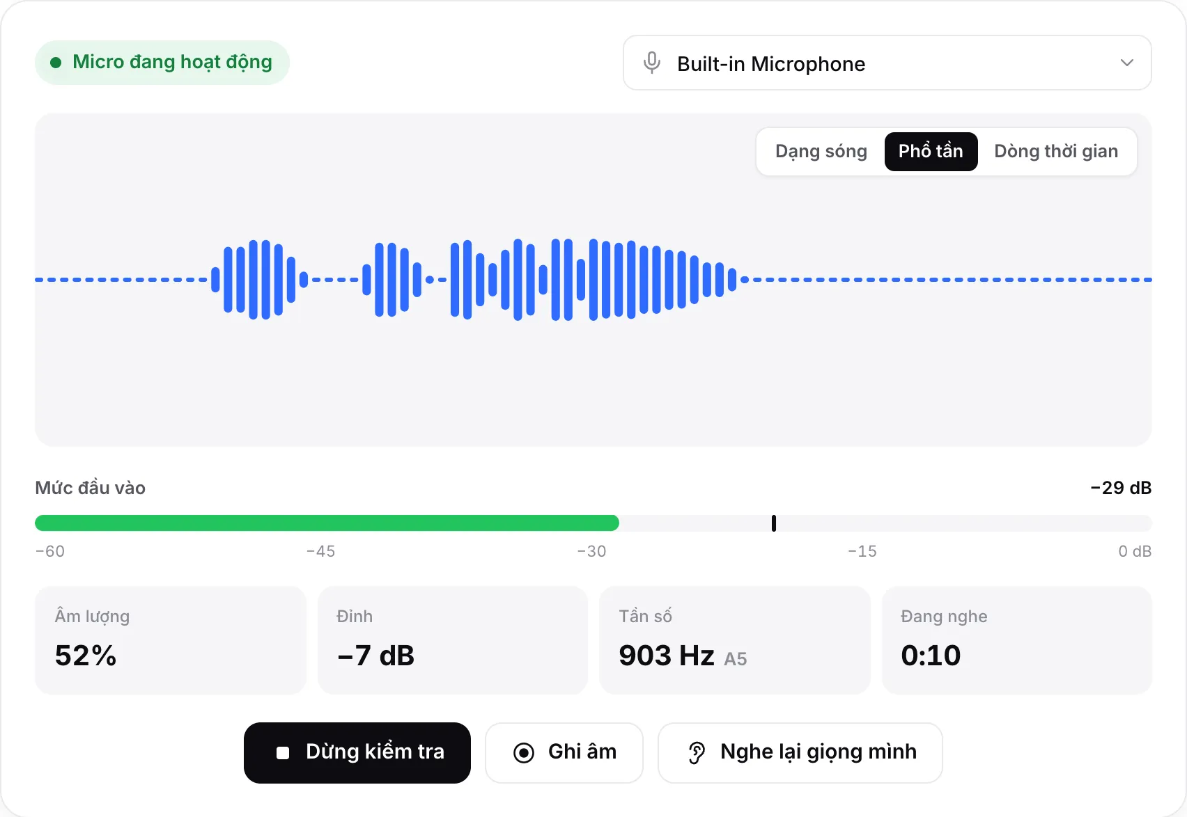 Bài kiểm tra micro ở chế độ Phổ tần với các thanh chuyển động, mức đầu vào −23 dB và trạng thái xanh “Micro đang hoạt động”