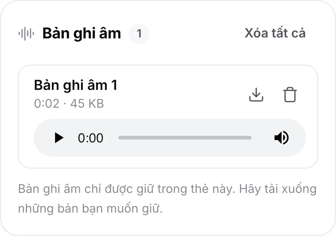 Một bản ghi âm trên điện thoại với độ dài, trình phát cùng các nút tải xuống và xóa