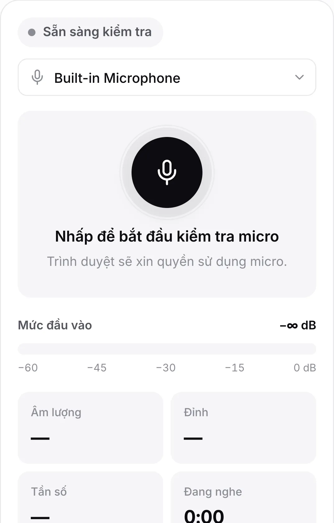 Bài kiểm tra micro trên điện thoại trước khi bắt đầu, với nút micro lớn
