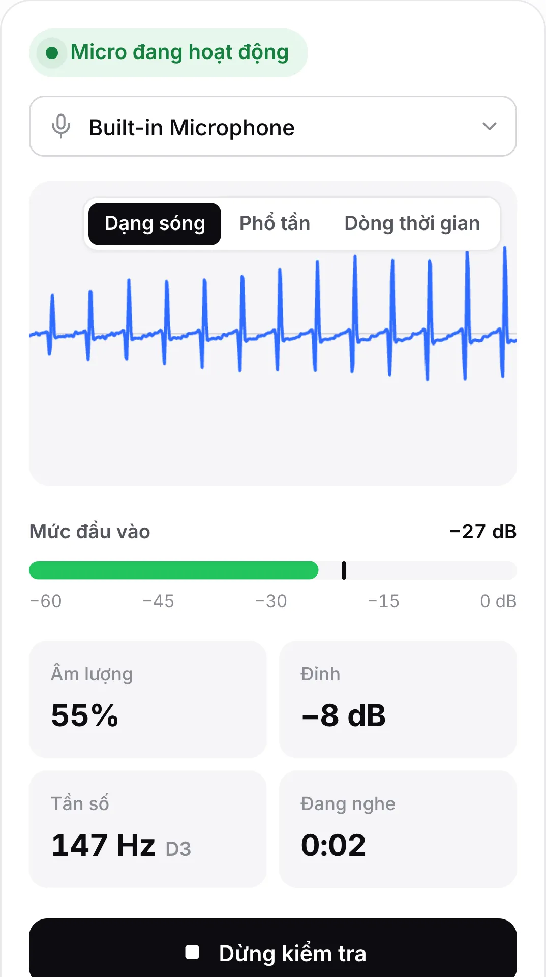 Bài kiểm tra micro trên điện thoại với dạng sóng chuyển động, mức đầu vào −25 dB và trạng thái xanh “Micro đang hoạt động”
