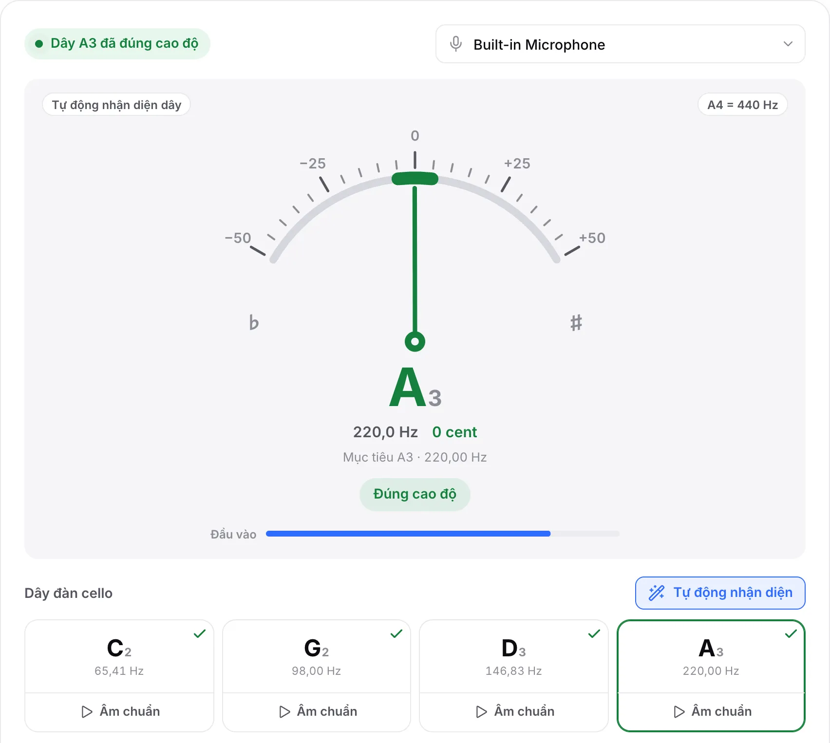 Cả bốn dây cello với dấu tick và dây A đúng cao độ: kim xanh ở 0 cent và trạng thái “Dây A3 đã đúng cao độ”