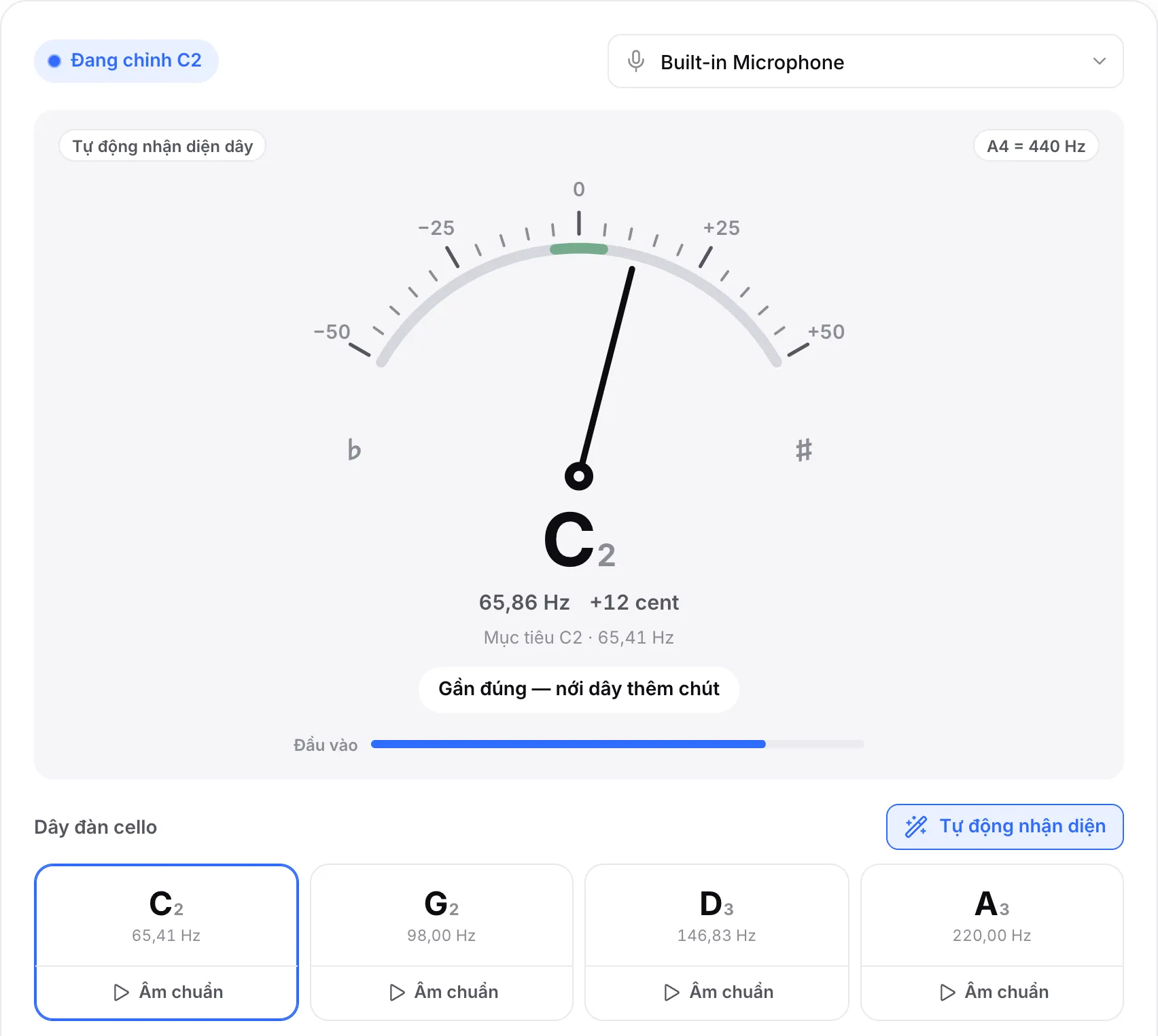 Dây C cao 12 cent: kim nghiêng sang phải, số đo hiển thị C2 ở khoảng 65,9 Hz và gợi ý “Gần đúng — nới dây thêm chút”