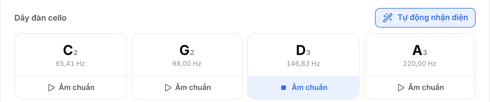Các dây cello với âm chuẩn D3 đang phát: nút Âm chuẩn của nó được làm nổi bật và hiển thị biểu tượng dừng