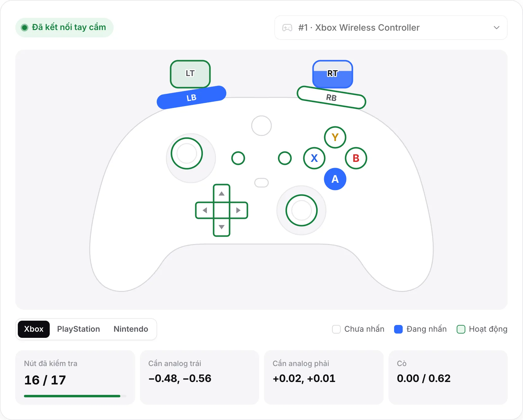 Sơ đồ tay cầm Xbox với hầu hết các nút màu xanh lá, A và LB đang nhấn màu xanh dương, cò phải được bóp đến 0,62 và Nút đã kiểm tra ở mức 16 trên 17