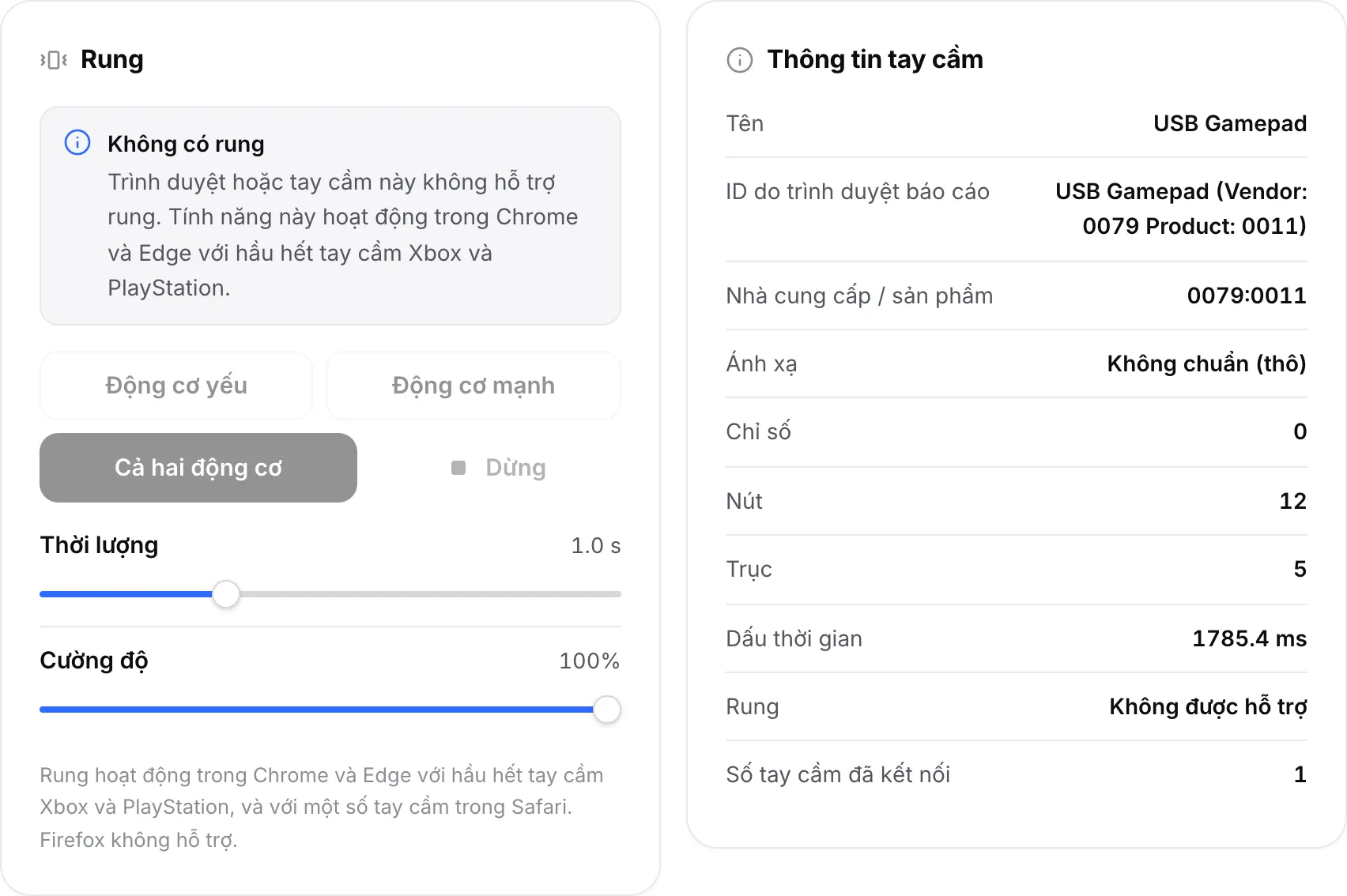 Bảng Rung với thông báo “Không có rung” và các nút động cơ bị vô hiệu hóa; Thông tin tay cầm hiển thị Rung: Không được hỗ trợ