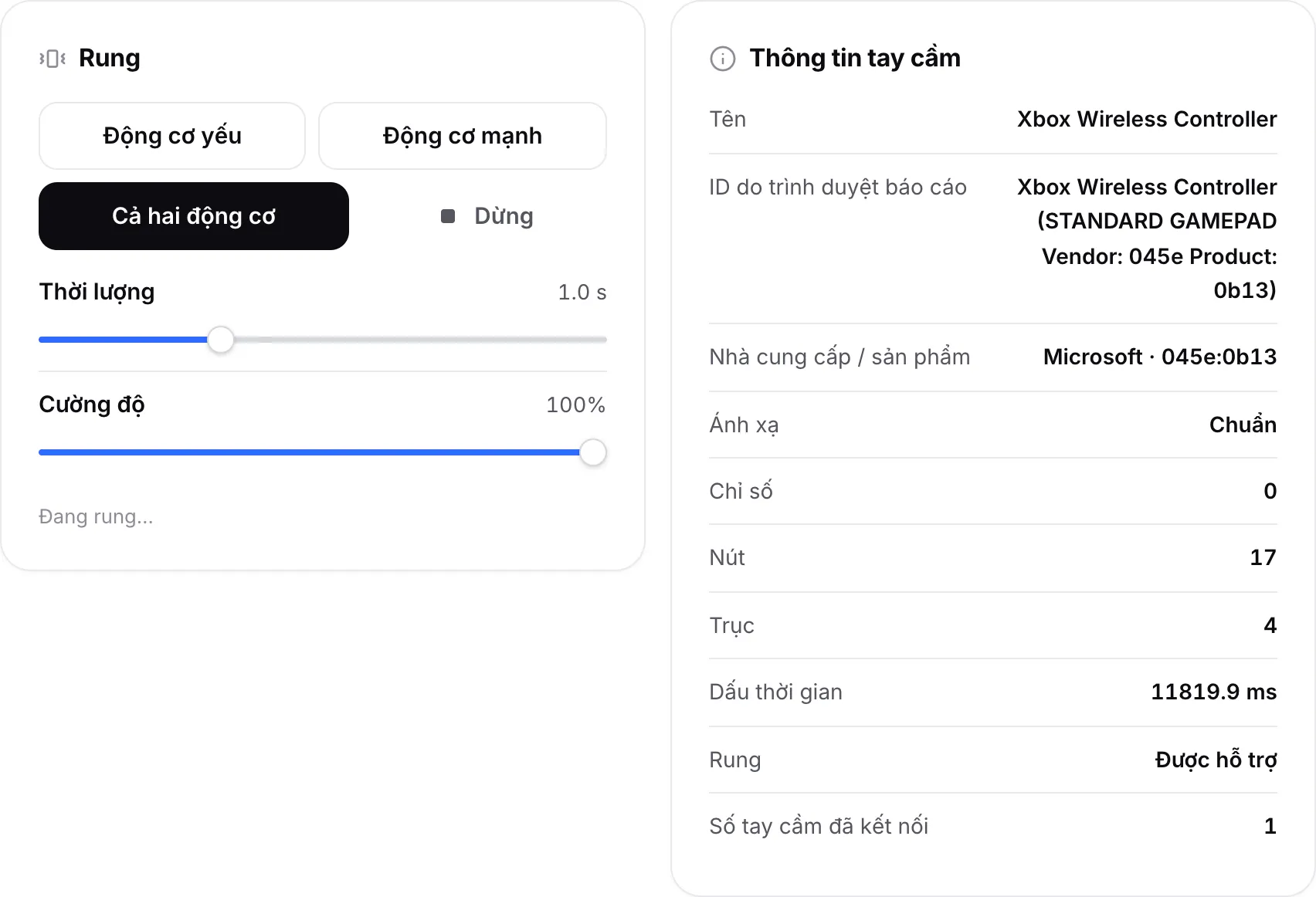 Bảng Rung với các nút động cơ và thanh trượt cạnh bảng Thông tin tay cầm hiển thị tên, ID, nhà cung cấp và ánh xạ