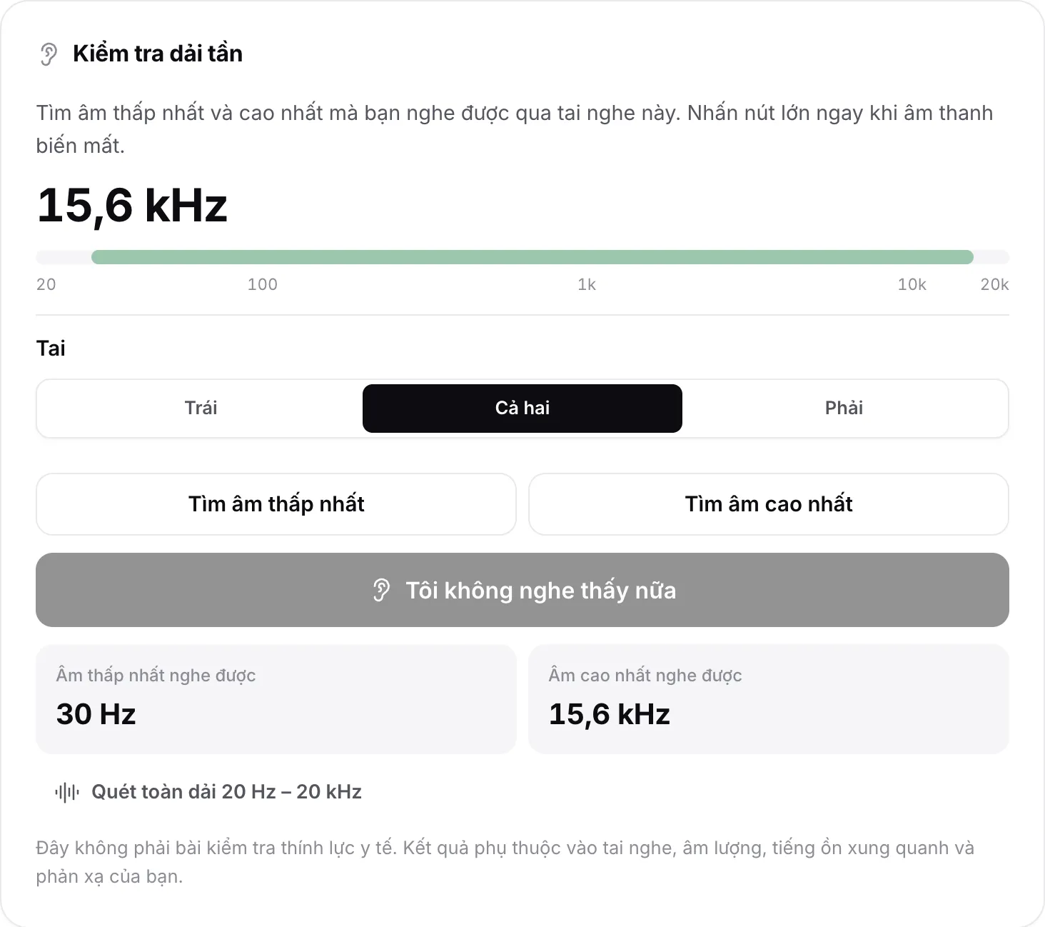 Kiểm tra dải tần với kết quả: âm thấp nhất nghe được 30 Hz, cao nhất 15,6 kHz, hiển thị bằng dải xanh trên thang
