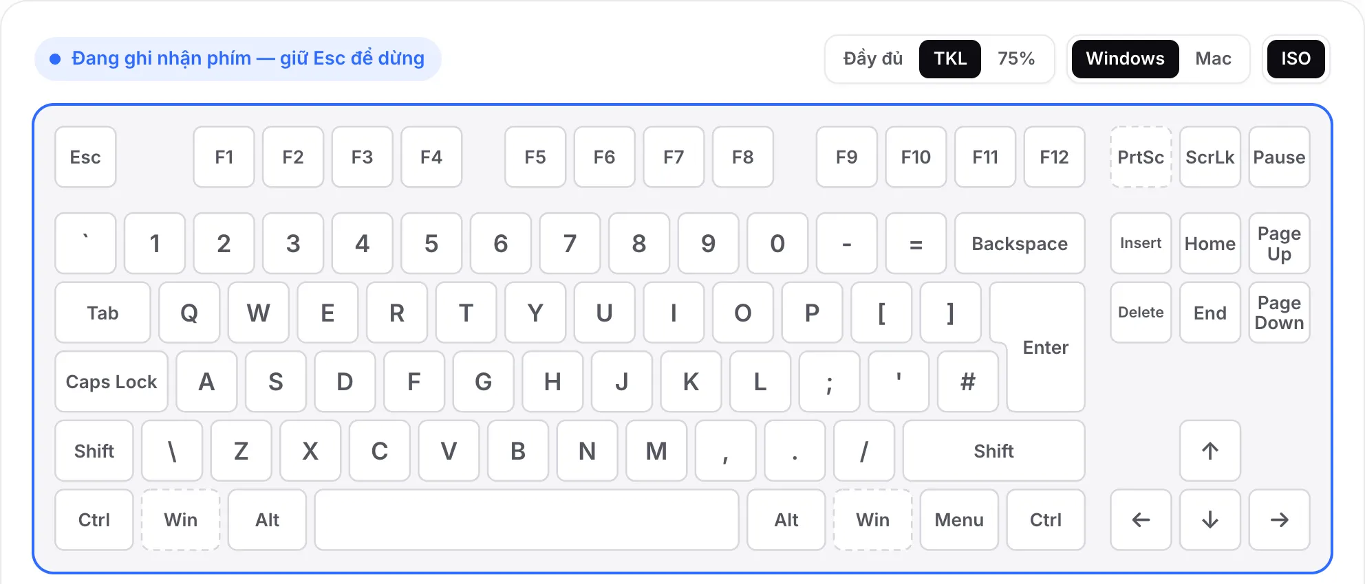 Bố cục TKL với ISO được bật: phím Enter cao và một phím thêm cạnh Shift trái, không có bàn phím số