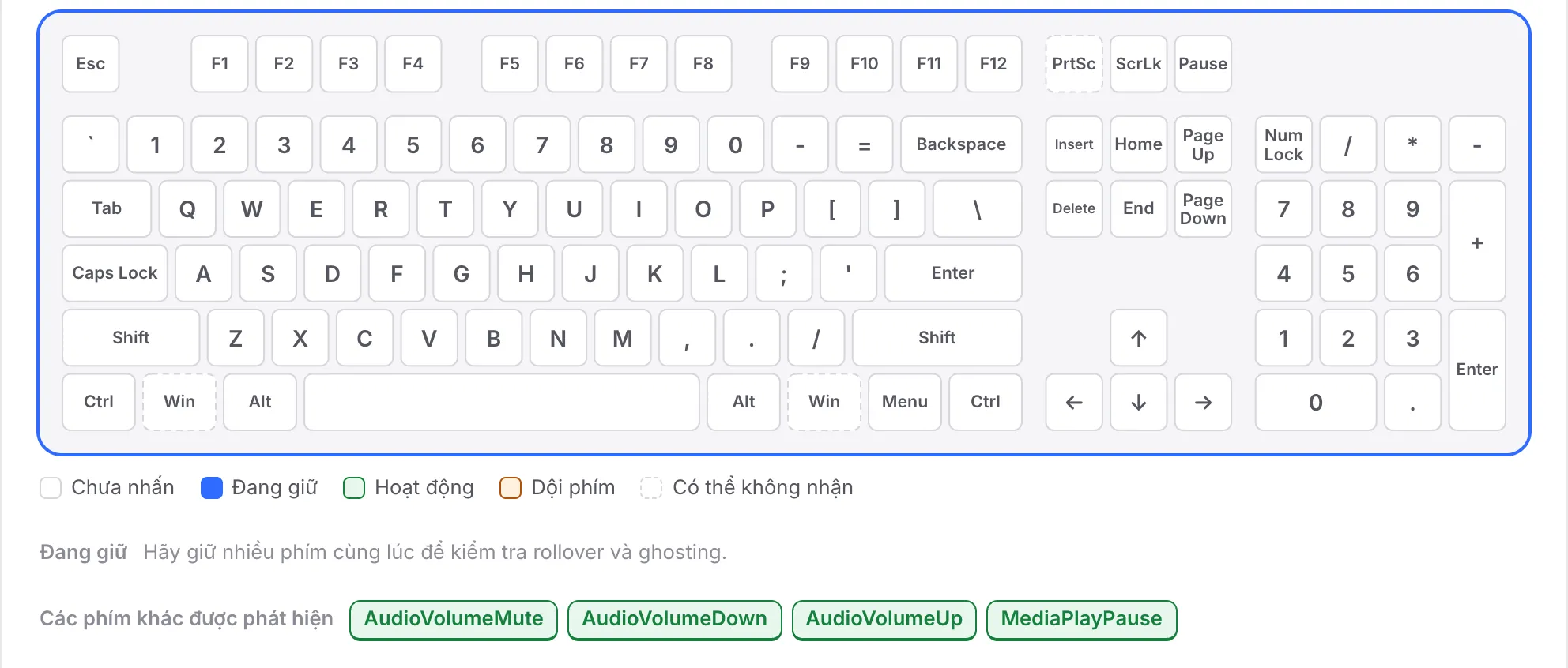 Hàng F vẫn màu trắng trong khi AudioVolumeMute, AudioVolumeDown, AudioVolumeUp và MediaPlayPause được liệt kê trong Các phím khác được phát hiện