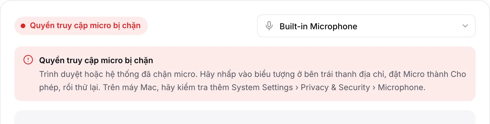 Bài kiểm tra micro hiện thông báo màu đỏ “Quyền truy cập micro bị chặn” kèm hướng dẫn