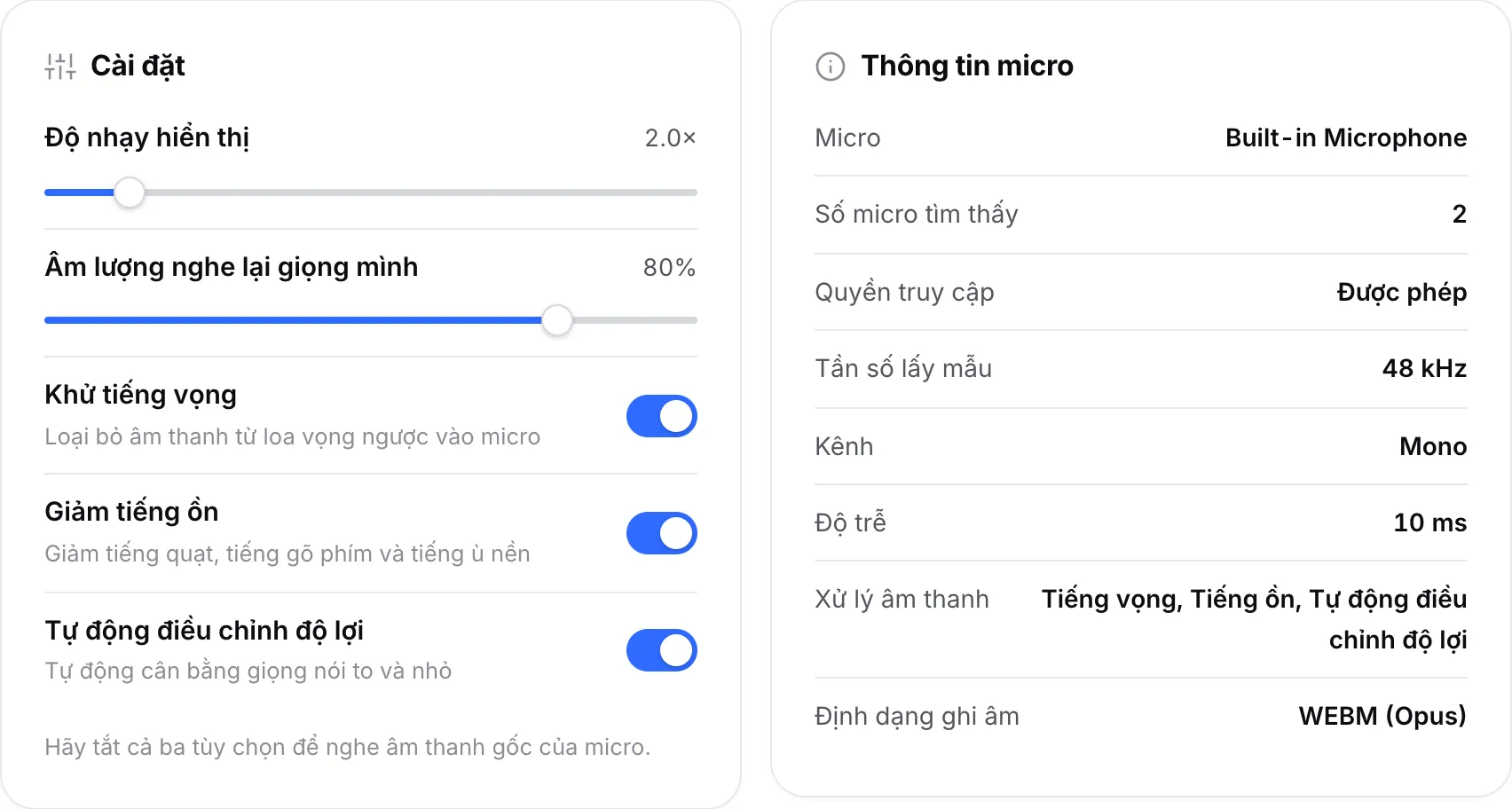 Bảng Cài đặt với các công tắc xử lý âm thanh bên cạnh bảng Thông tin micro