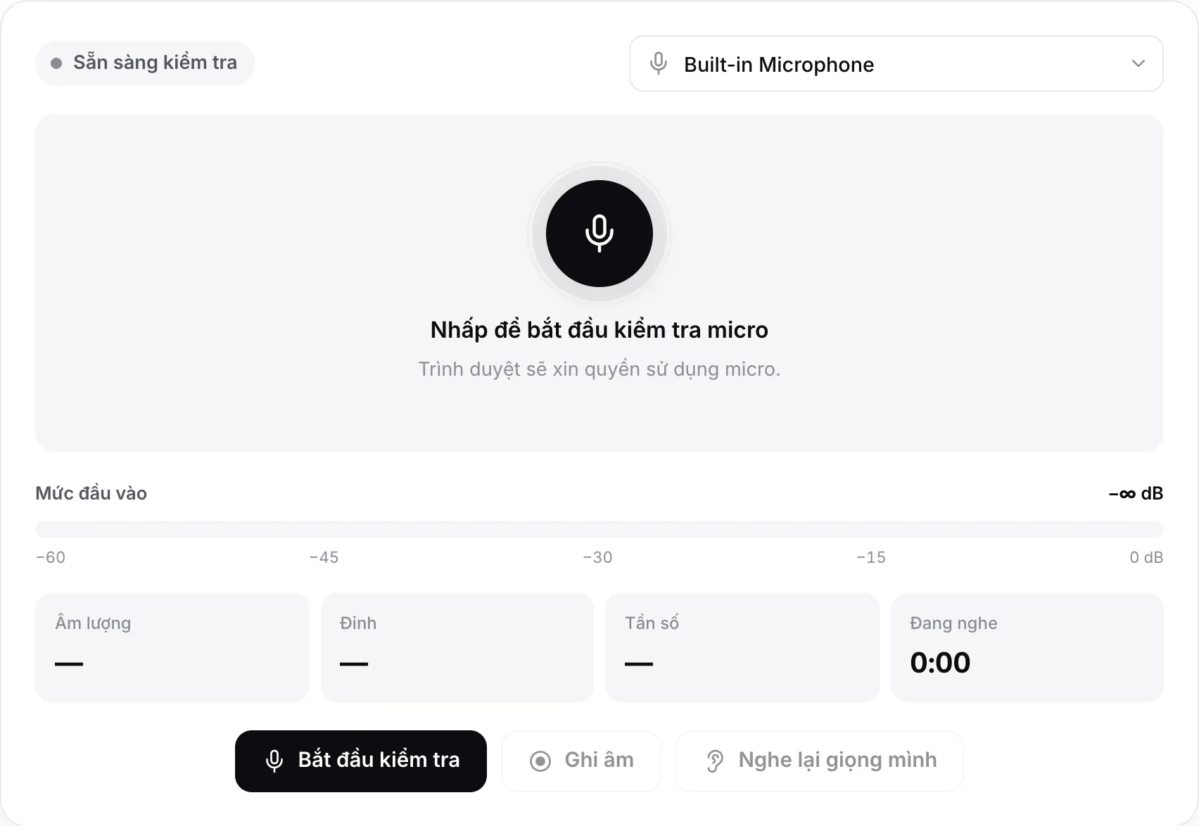 Bài kiểm tra micro trước khi bắt đầu, với nút Bắt đầu kiểm tra và menu chọn micro