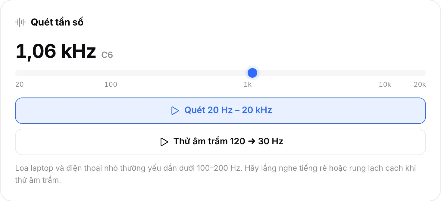 Quét tần số đang phát ở 1,06 kHz (nốt C6), với con trỏ vừa qua mốc 1k trên thang