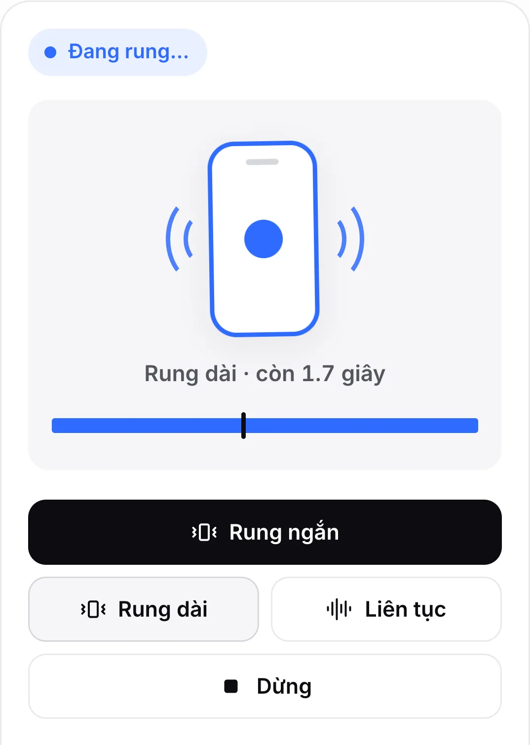 Một lần rung dài ba giây đang phát: trạng thái “Đang rung…”, biểu tượng điện thoại rung lắc, “Rung dài · còn 1,6 giây” và thanh tiến độ với đầu phát