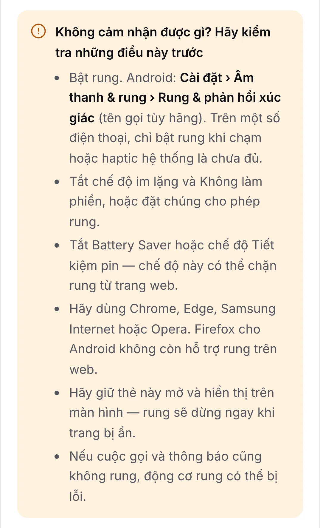 Danh sách kiểm tra “Không cảm nhận được gì? Hãy kiểm tra những điều này trước” với sáu mẹo, bắt đầu bằng việc bật rung trong cài đặt Android