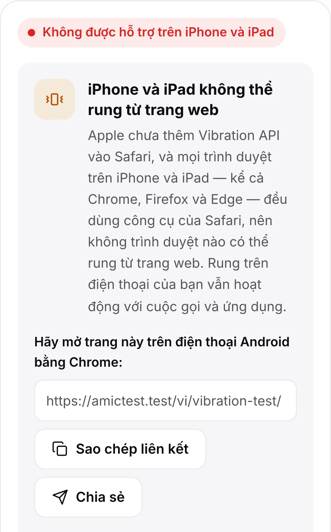 Bài kiểm tra rung trên iPhone: trạng thái đỏ “Không được hỗ trợ trên iPhone và iPad”, một lời giải thích và liên kết để mở trang trên điện thoại Android